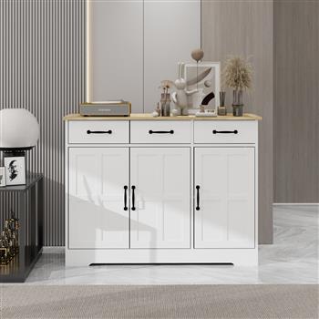 Farmhouse Buffet Cabinet Storage Sideboard with 3 Drawers and 3 Doors for Dining Living Room Kitchen Cupboard-White