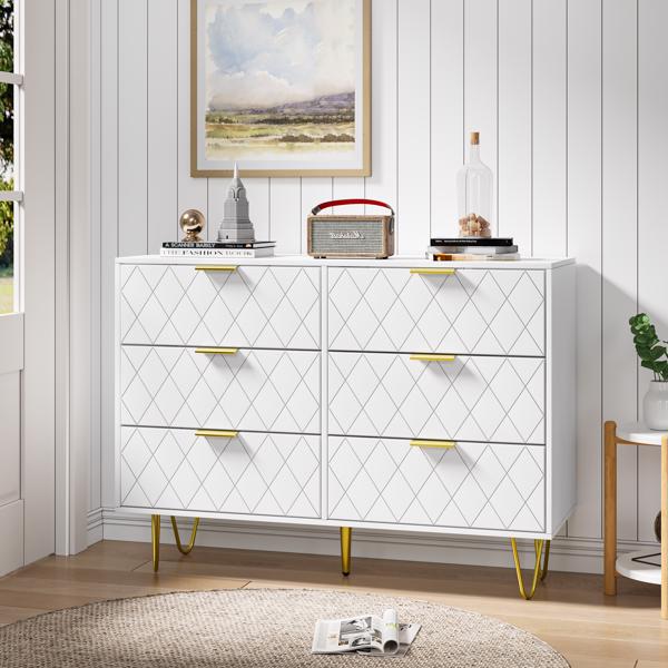 Modern white 6 Drawers for Bedroom,Wooden drawers with Gold Handles, Chest Dresser with Deep Drawers for living room 