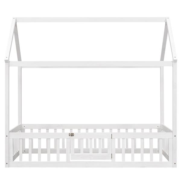 Twin Size Wood House Bed with Fence and Door, White Wash