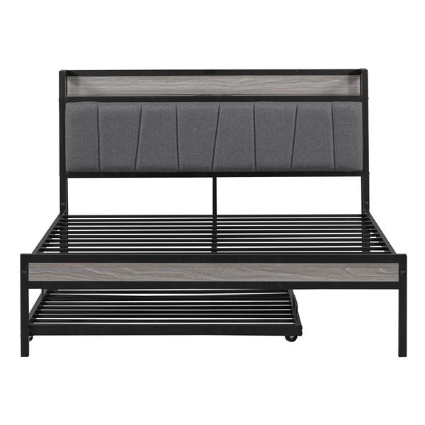 Full Size Metal Platform Bed Frame with Twin size trundle, Upholstered headboard, Sockets, USB Ports and Slat Support, No Box Spring Needed, Black