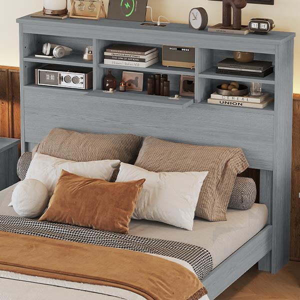 Queen Size Vintage Platform Bed,With Storage Headboard and Charging Station, Light Gray