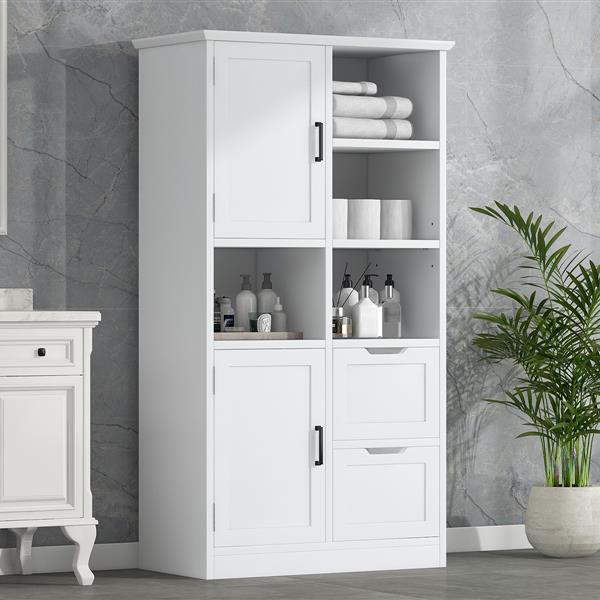 Bathroom Storage Cabinet with Doors and Drawers, Multiple Storage Space, Freestanding Style, Open Shelve, Adjustable Shelf, White