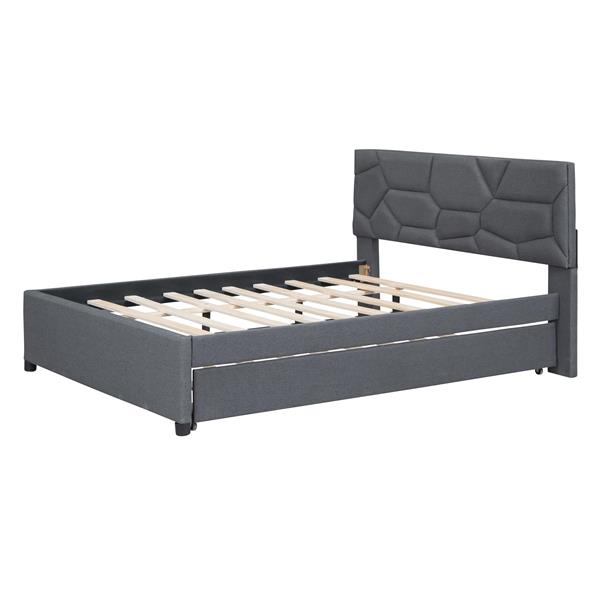 Full Size Upholstered Platform Bed with Brick Pattern Headboard and Twin Size Trundle, Linen Fabric, Gray