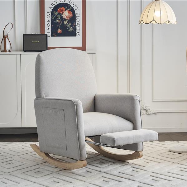 044-Cotton Linen Fabric Nursery Rocking Chair With Adjustable Footrest,Light Gray