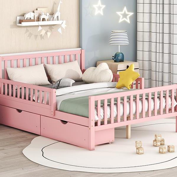 Full Size Wood Platform Bed with Guardrails on Both Sides and Two Storage Drawers ,Pink