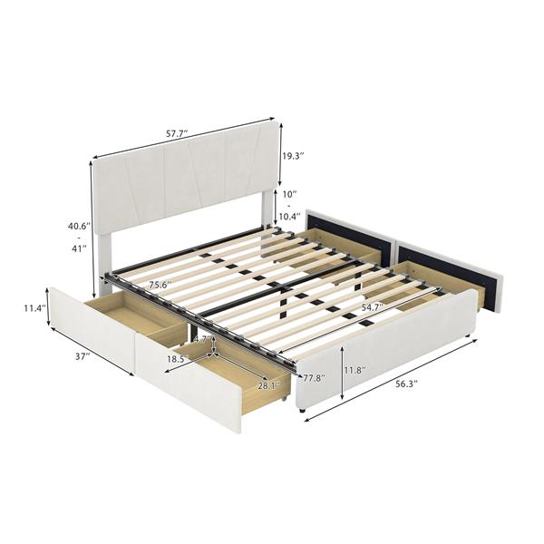 Full Size Upholstery Platform Bed with Four Drawers on Two Sides, Adjustable Headboard, Beige