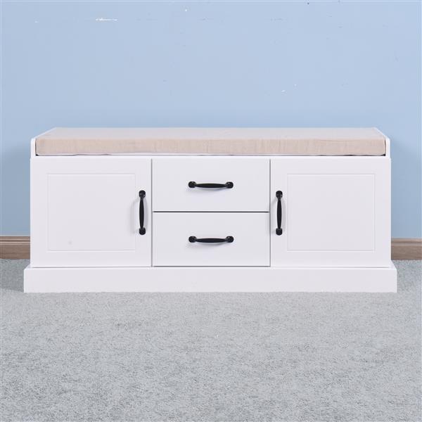 Wooden Entryway Shoe Cabinet with 2 Drawers and 2 Doors Living Room Storage Bench with White Cushion