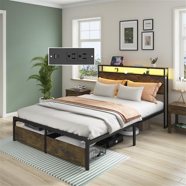 Full Bed Frame with LED Lights and Charging Station - Robust Metal  Wood Construction, Rustic Wood Platform Bed Frame with 2 Drawers, No Box Spring Needed, Noise Free, Vintage Brown, Easy Assemble