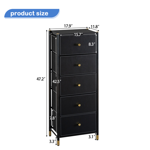 Drawer Dresser cabinet, Tall Dresser with 5 PU Leather Front Drawers, Storage Tower with Fabric Bins, Double Dresser, Chest of Drawers for Closet, Living Room, Hallway, Children's Room, color:Black