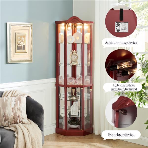 Glass Cabinet Lighted Corner Cabinet Corner Display Curio Cabinet, Glass Display With Light(Included)Bar Cabinet,Wine Cabinet with Adjustable Glass Shelves Carved Decoration Cherry Light(Included)