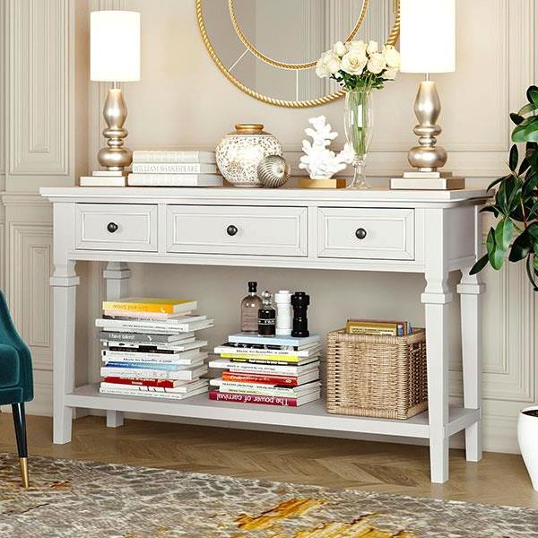 Classic Retro Style Console Table with Three Top Drawers and Open Style Bottom Shelf, Easy Assembly (Antique White)