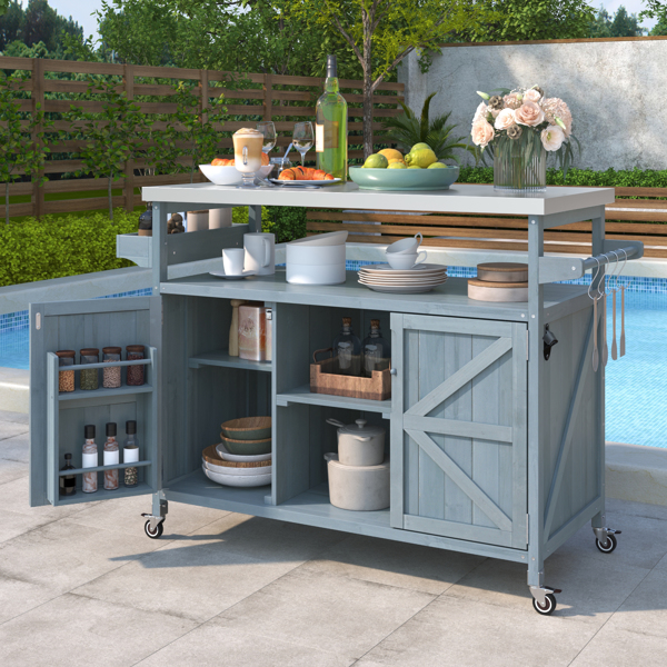 Outdoor Kitchen Island, Rolling Bar Cart & Storage Cabinet, Farmhouse Solid Wood Outdoor Grill Table with Stainless Steel Top, Spice Rack , Towel Rack for Kitchen & BBQ , Grey Blue