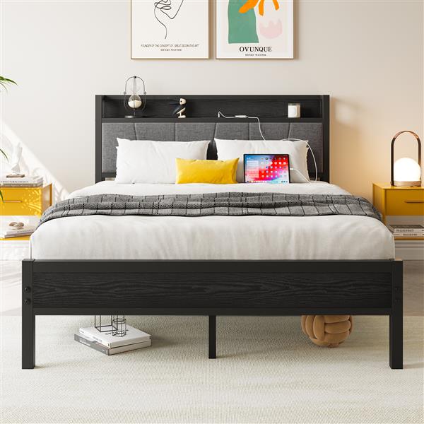 Full Size Bed Frame, Storage Headboard with Charging Station, Solid and Stable, Noise Free, No Box Spring Needed, Easy Assembly