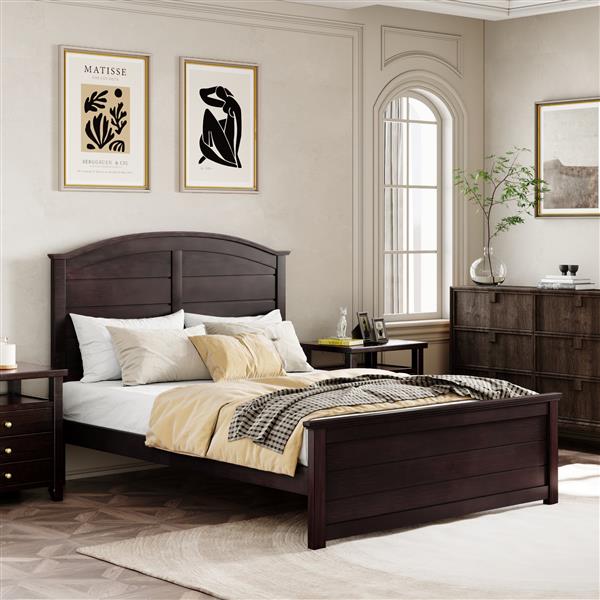 Farmhouse Wooden Platform Full Size Bed with Curl Design Headboard and Footboard for Teenager, Espresso