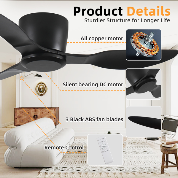 42" Flush Mount Ceiling Fan without light, 3 Reversible Blades, with 6 Speeds Reversible DC Motor,Low Profile Ceiling Fan with no light for Living Room Kitchen Bedroom