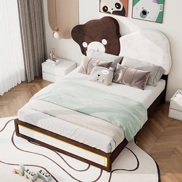 Full Size Upholstered Platform Bed with Bear Shaped Headboard, LED Light Strips, White + Brown