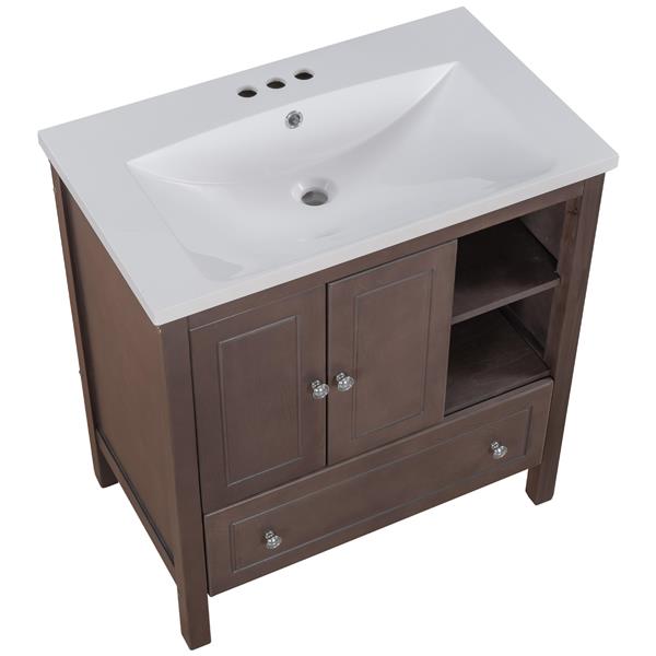 [VIDEO] 30" Bathroom Vanity with Sink, Bathroom Storage Cabinet with Doors and Drawers, Solid Wood Frame, Ceramic Sink, Brown