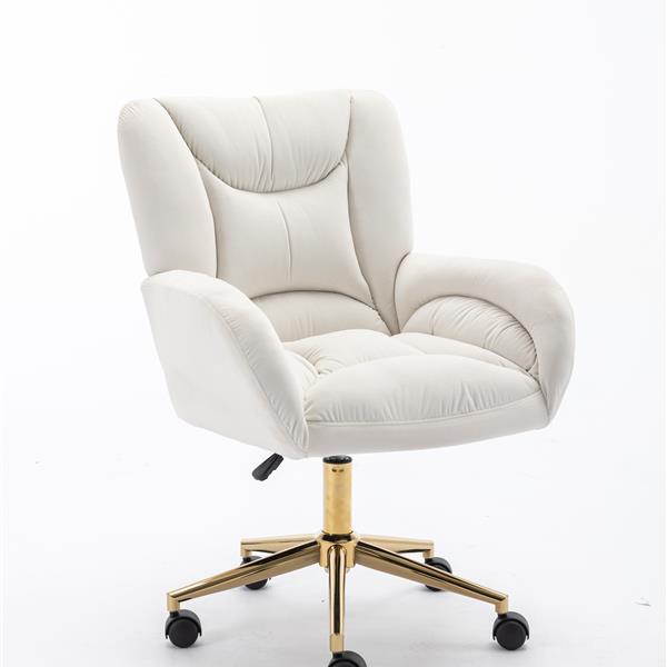 005-Velvet Fabric 360 Swivel Home Office Chair With Gold Metal Base And Universal Wheels,Ivory