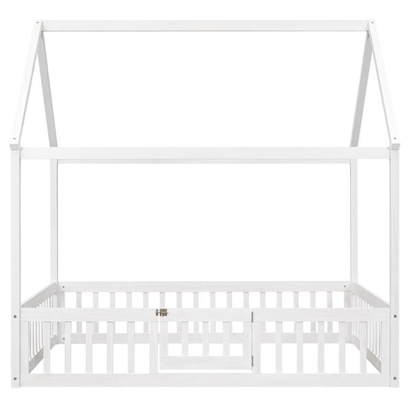 Full Size Wood House Bed with Fence and Door, White Wash