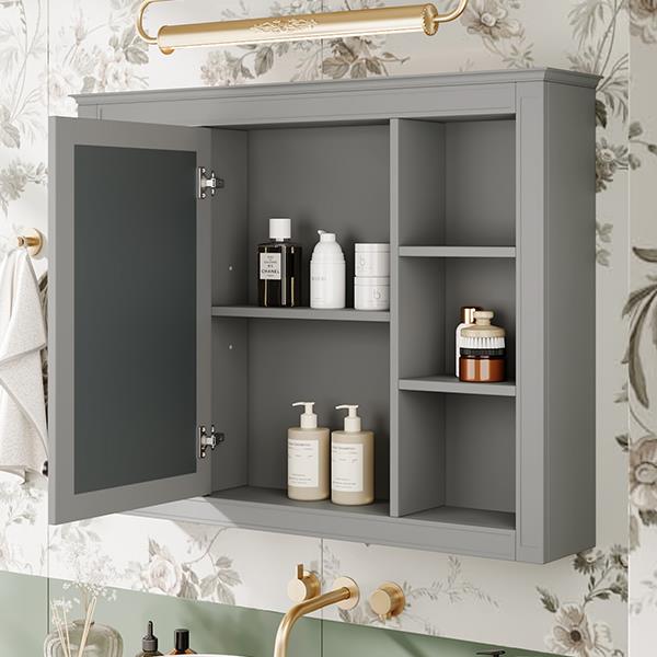 35'' x 27.5'' Medicine Cabinet, Wall Mounted Bathroom Storage Cabinet, Modern Bathroom Wall Cabinet with Mirror, Mirror Cabinet with 6 Open Shelves (Not Include Bathroom Vanity )