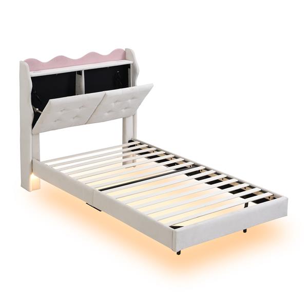 Twin Size Upholstery Platform Bed Frame with LED Light Strips,Headboard Storage Space and Two USB Charging Deisgn,Beige