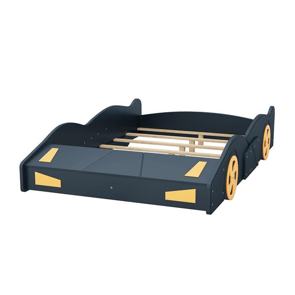 Full Size Race Car-Shaped Platform Bed with Wheels and Storage, Dark Blue+Yellow