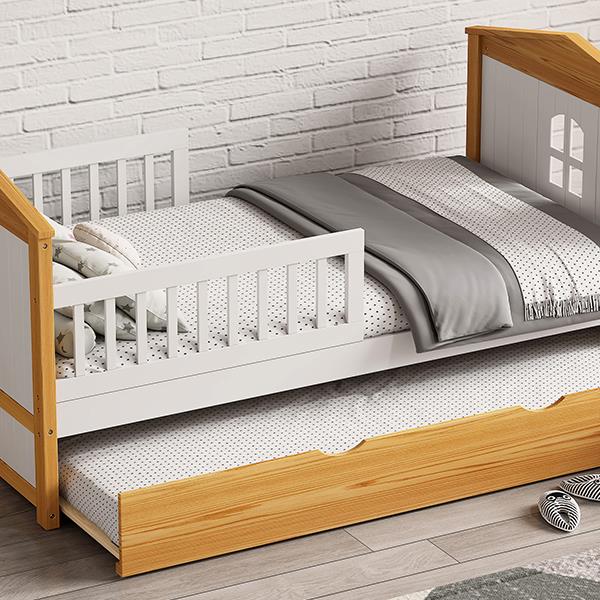 Twin Size House Shape Bed with Trundle Wooden Bed for Girls Boys Teens, No Box Spring Needed, Walnut and White