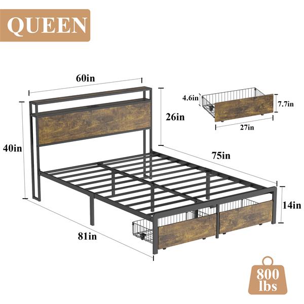 Queen Bed Frame with LED Lights and Charging Station - Robust Metal  Wood Construction, Rustic Wood Platform Bed Frame with 2 Drawers, No Box Spring Needed, Noise Free, Vintage Brown, Easy Assemble