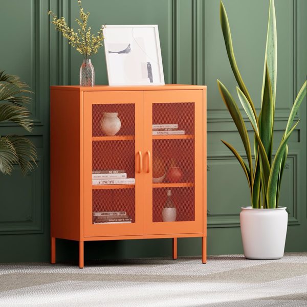  Metal Storage Cabinet with Mesh Doors, Liquor Cabinet with Adjustable Shelves for Kitchen,  Living Room, Home Office, orange