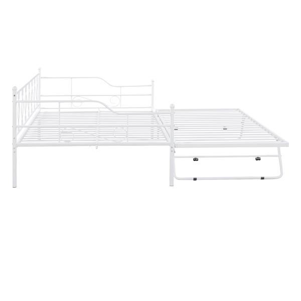 Full Size Metal Daybed with Twin Size Adjustable Trundle, Portable Folding Trundle, White