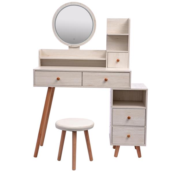 Stylish Vanity Table + Cushioned Stool, Touch Control LED Mirror, Large Capacity Storage Cabinet, 5 Drawers, Fashionable Makeup Furniture, Length Adjustable(L31.5"-43.2"x W15.8" x H48.1")