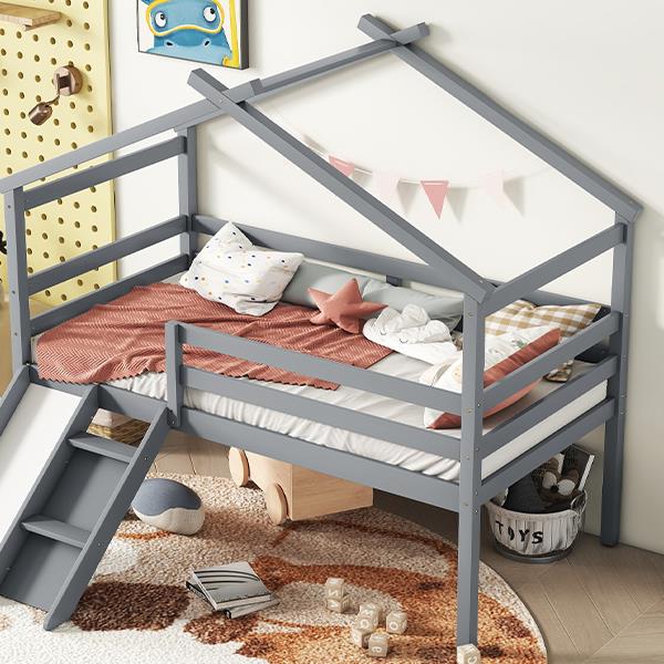 Twin Low Loft House Bed with Slide,  Ladder, Safety Guardrails, House Roof Frame,Grey