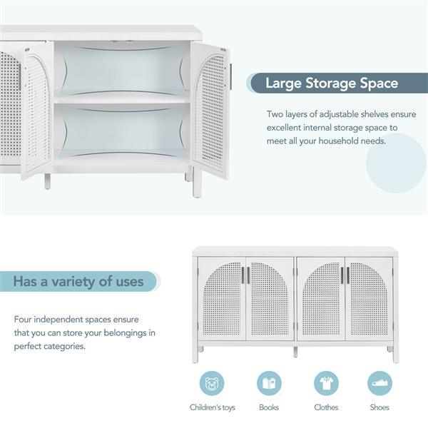 Large Storage Space Sideboard with Artificial Rattan Door and Metal Handles for Living Room and Entryway (White)