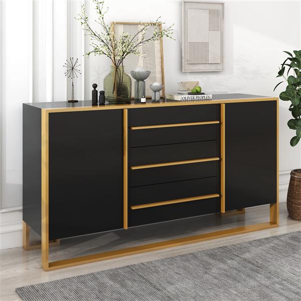 Modern Style 59"L Sideboard with Large Storage Space and Gold Metal Legs for Living Room and Entryway (Black)