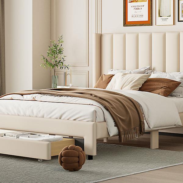 Full Size Storage Bed Velvet Upholstered Platform Bed with a Big Drawer - Beige