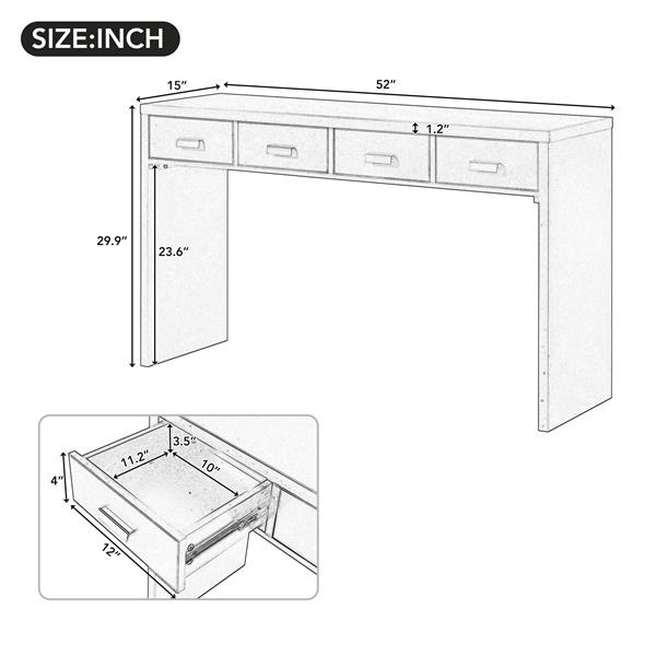 Modern Minimalist Console Table with Open Tabletop and Four Drawers with Metal Handles for Entry Way, Living Room and Dining Room (Black)