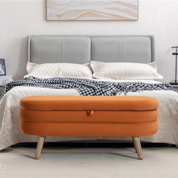 036-Velvet Fabric Storage Bench Bedroom Bench With Wood Legs For Living Room Bedroom Indoor,Orange