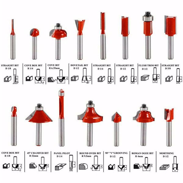 15x Tungsten Carbide Tipped TCT Router Bits 1/4" Shank Sealed Bearing Bit Set UK