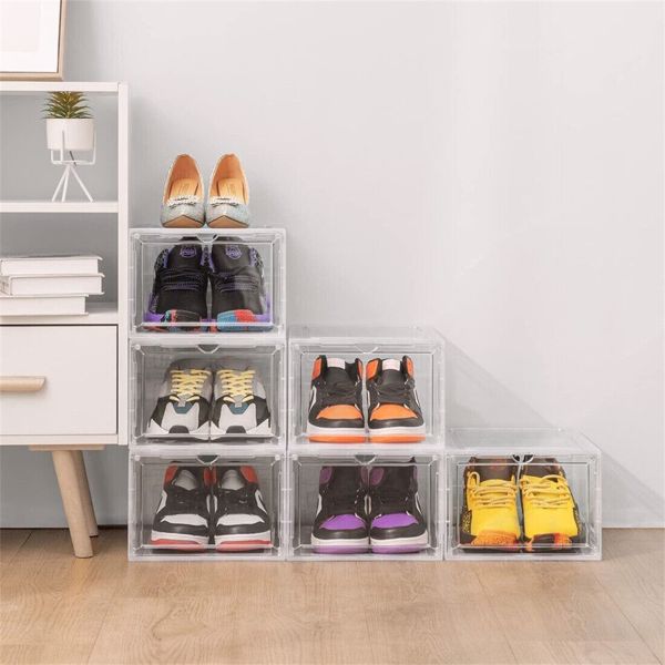 6 Pack Transparent Shoe Storage Boxes Hard Plastic Stackable Shoe Box Organiser