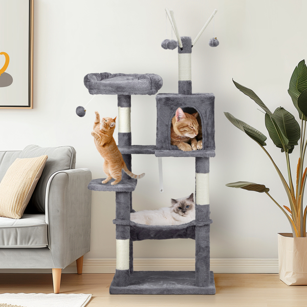 57 inch Cat Tree Cat Tower for Indoor Cats, Cat House with Padded Platform Bed, Toy Balls, Large Cozy Condo and Sisal Scratching Posts, Dark Grey