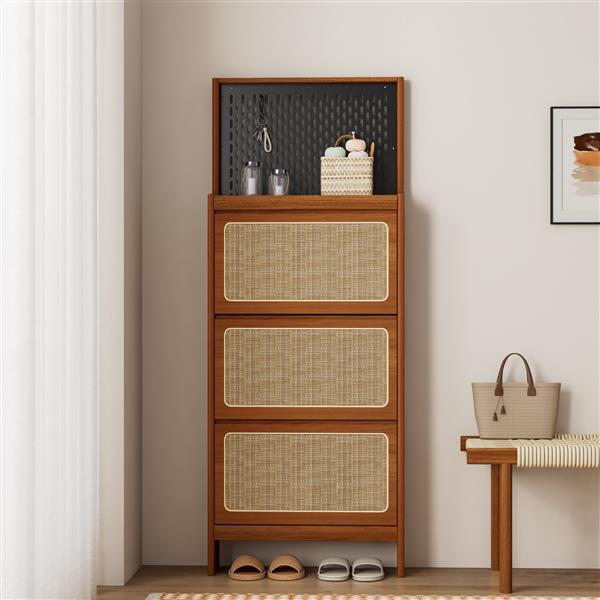 Rattan Shoe Cabinet for Entryway, Free Standing Shoe Rack with 3 Flip Drawers & Black Pegboard, Hidden Narrow Shoe Cabinet for Entrance Hallway, 24.88"W x 7.88" D x 65"H