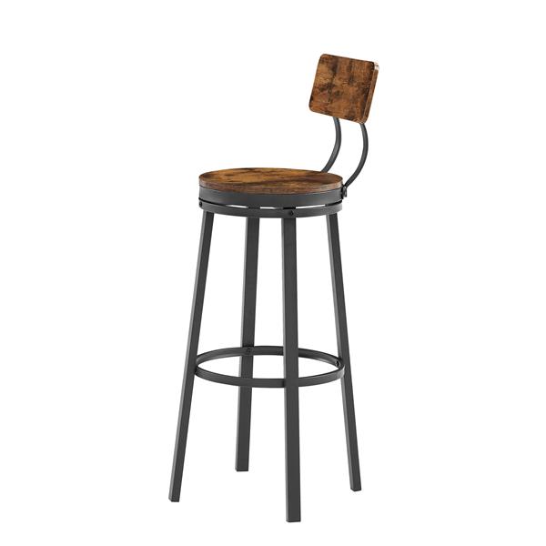 Swivel bar stool set of 2 with backrest, industrial style, metal frame, 29.5'' high for dining room. Rustic Brown, 13.4''w x 40.5''h.