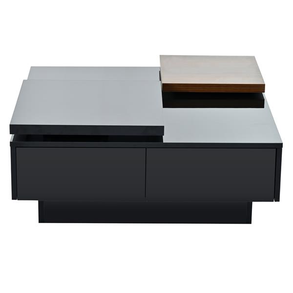 Movable Top Coffee Table, Modern Square Wood Coffee Table with High Gloss finish, 4 Hidden Storage Drawers for Living Room