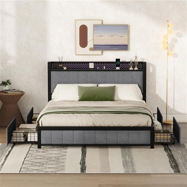 Queen Bed Frame with LED Headboard, Upholstered Bed with 4 Storage Drawers and USB Ports, Light Grey