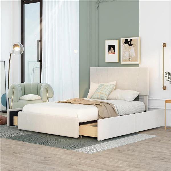 Full Size Upholstery Platform Bed with Four Drawers on Two Sides, Adjustable Headboard, Beige