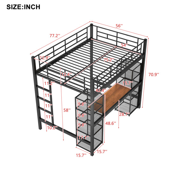 Full Size Metal Loft Bed with Built-in Desk and Shelves, Black+Brown