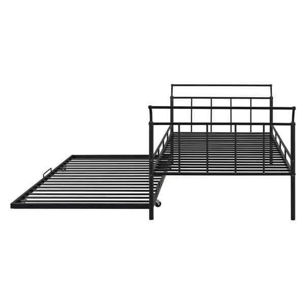 Twin Size Metal Daybed with Curved Handle Design and Twin Size Trundle, Black