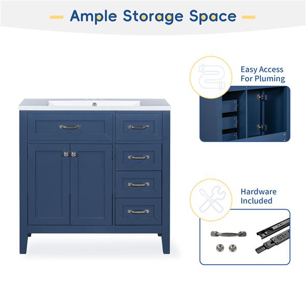 36" Bathroom Vanity with Sink Combo, Blue Bathroom Cabinet with Drawers, Solid Frame and MDF Board