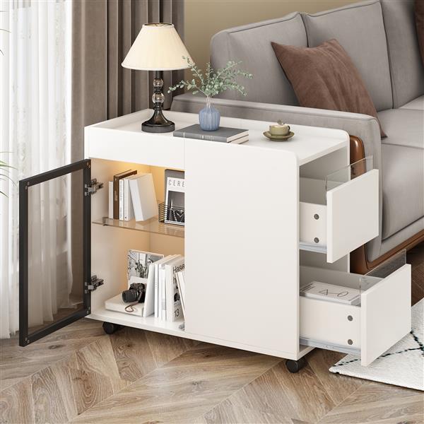 Modern End Table with LED light and Wheels, Side Table with Transparent Brown Glass Door, 2 Storage Shelves and Drawers for Living Room, White