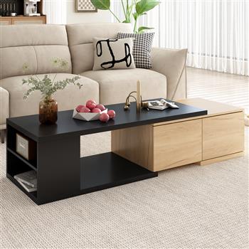 47.2\\'\\'-57\\'\\'W Extendable Coffee Table with 2 Storage Drawers, Dual-tone Wood Center Table with Extendable Sliding Tabletop, Multi-functional Hidden Storage Sofa Table for Living Room, Black